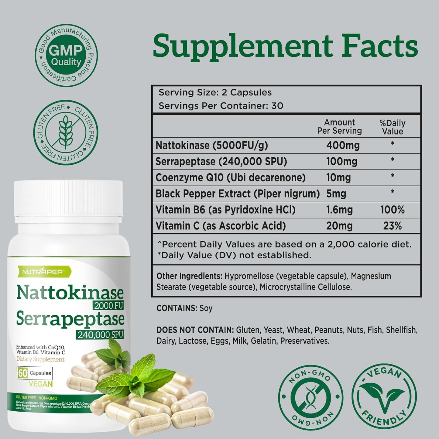 Nutrapep Nattokinase 2000 FU Serrapeptase 240000 SPU Supplement